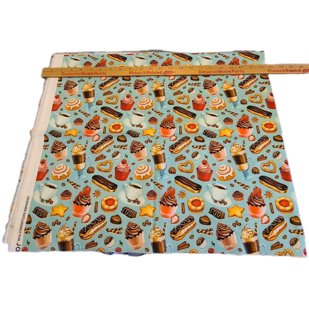 Joann Blue Coffee Pastries Fabric 1/2‎ YARD 100% Cotton Cupcakes Cookies Novelty